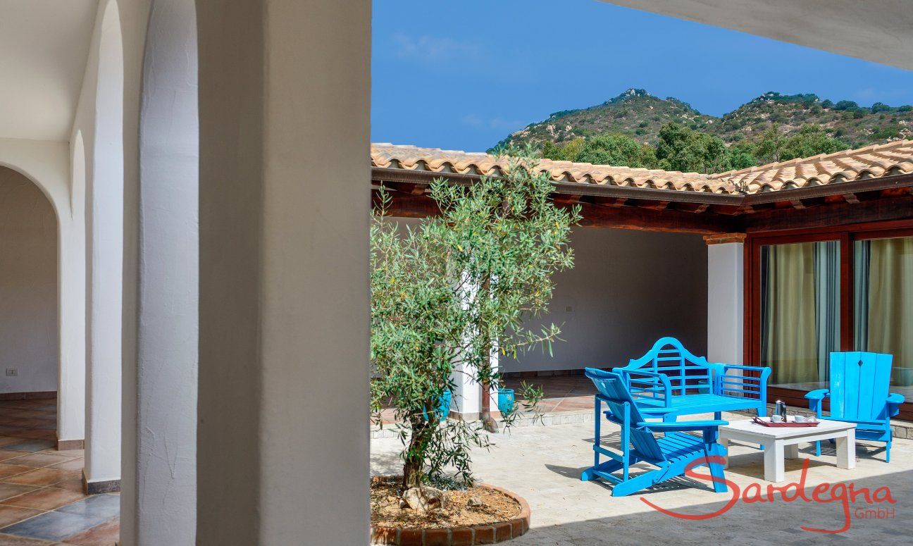 Villa Campidano 8 | Cortile campidanese con mobili per l'esterno e olivo Cortile