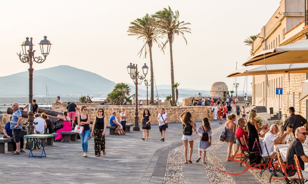 Passeggiate al mare di Alghero con vecchi cannoni, palme alte e vista sulla costa