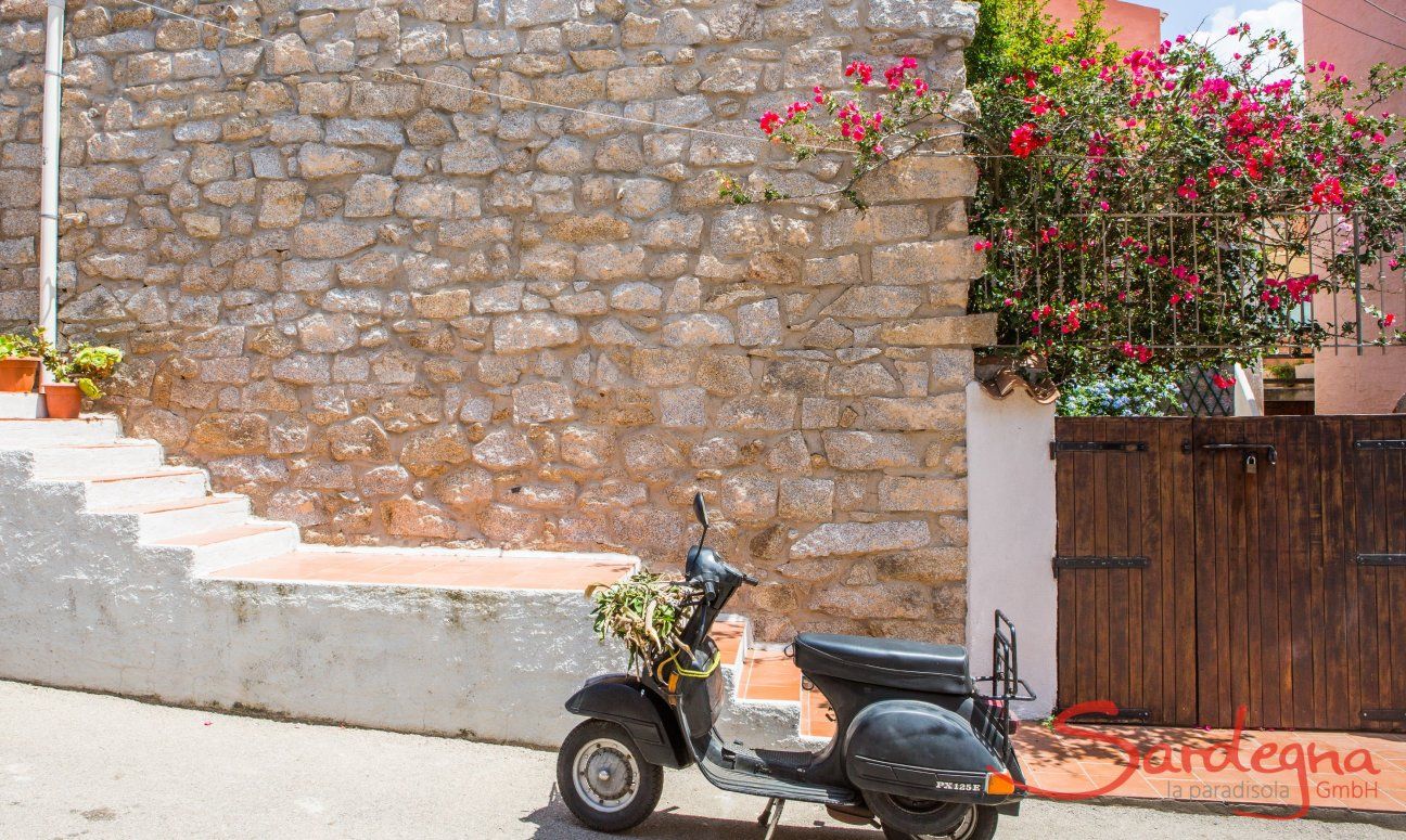 Una vespa è parcheggiata davant a un muro in pietre e un oleandro in fiore a Santa Teresa di Gallura