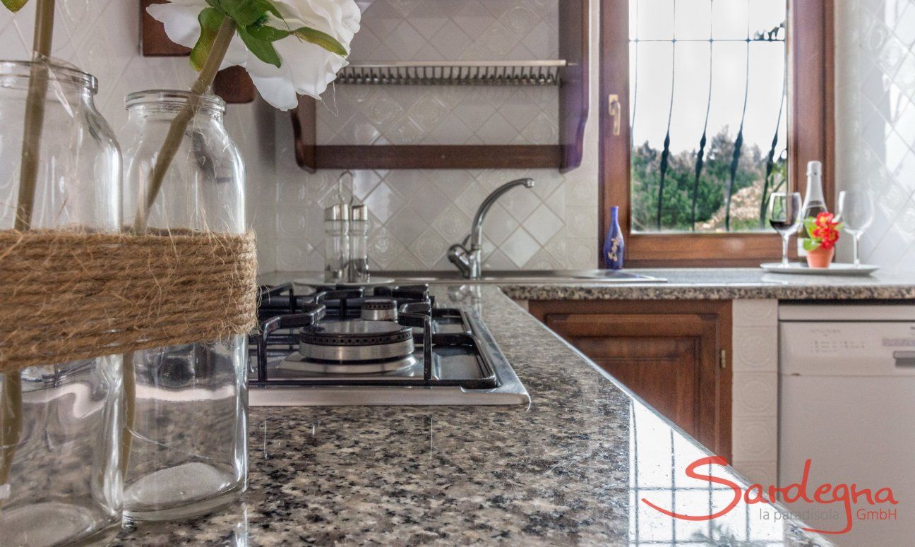 Villa Maestrale | Cucina con banco in marmo, fornelli a gas e lavastoviglie Villa Maestrale, Cala Ginepro, Olbia
