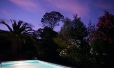 Villa Fiori 3 | Pool illuminato di sera davanti alle piante mediterranee e il cielo colorato rosa del sole che tramonta Piscina Villa Fiori 3