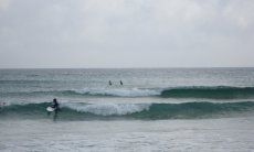Onde con surfisti davanti alla spiaggia di Pula